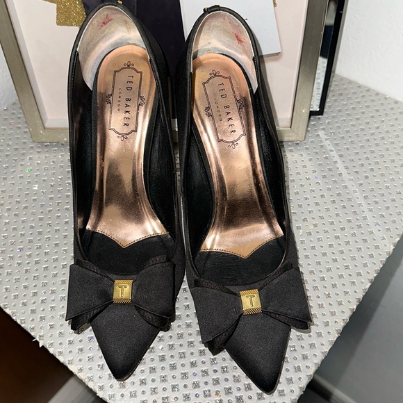 Ted Baker Shoes - Ted Baker Black Satin Heels with Gold Accents on Bow